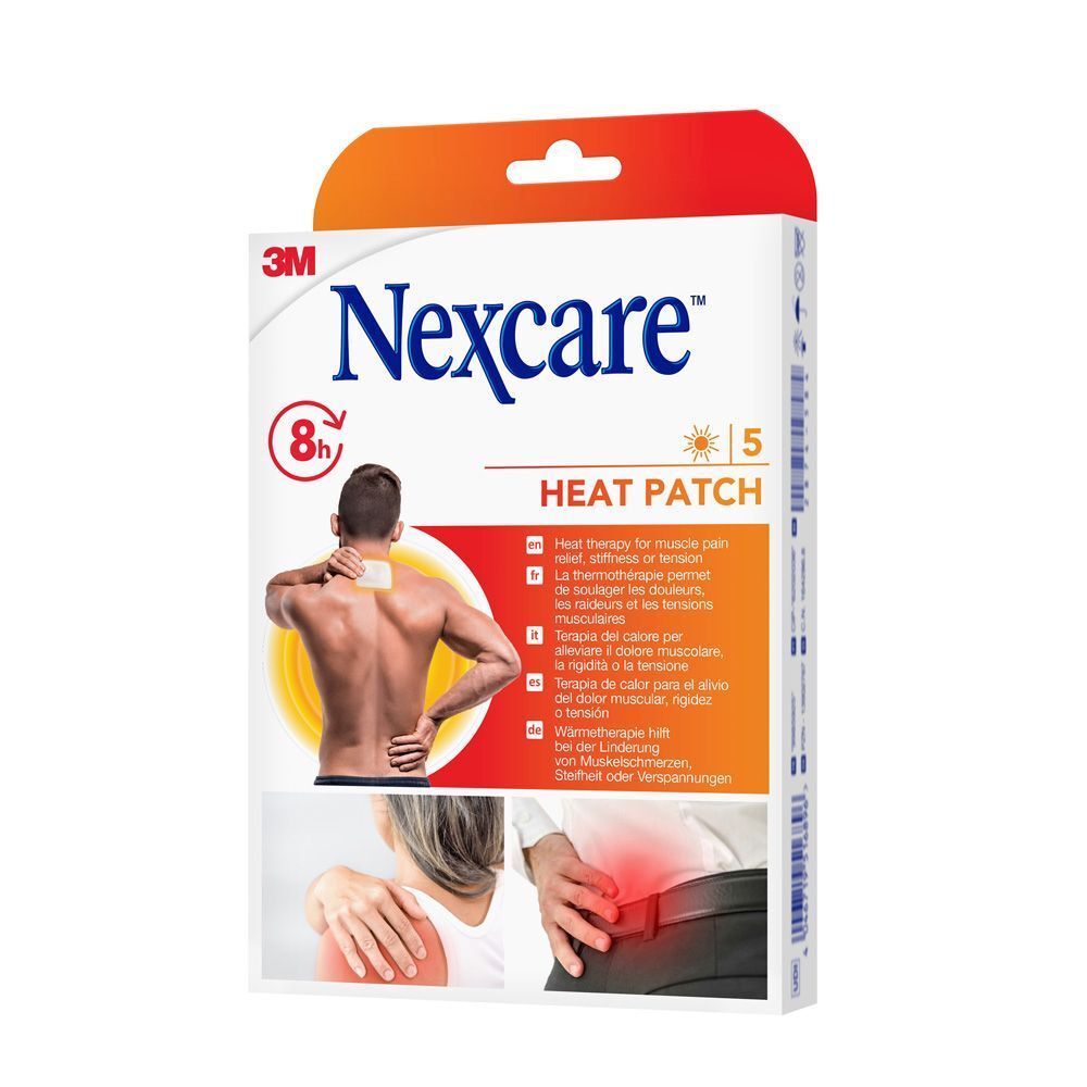 Emballage Nexcare Heat Patch. Contient 5 patchs. Illustration d'une personne avec douleur au bas du dos.