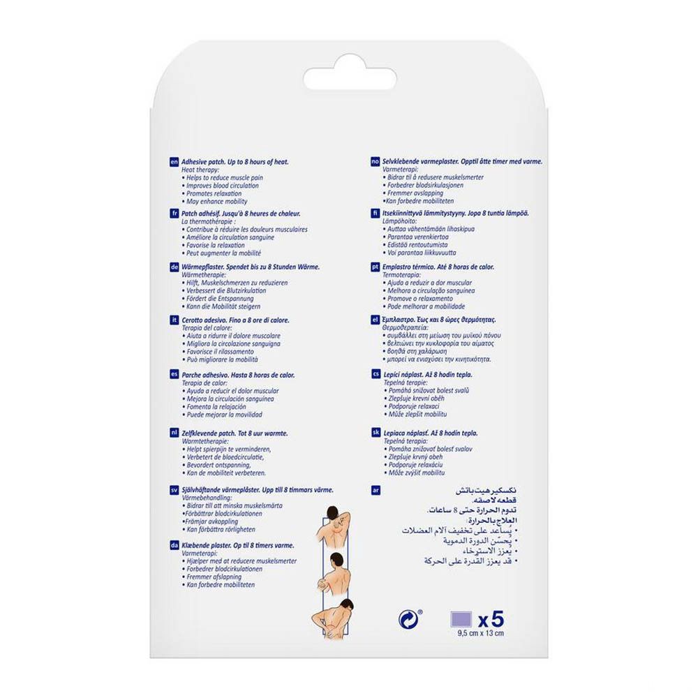 Emballage Nexcare Heat Patch. Contient 5 patchs. Illustration d'une personne avec douleur au bas du dos.