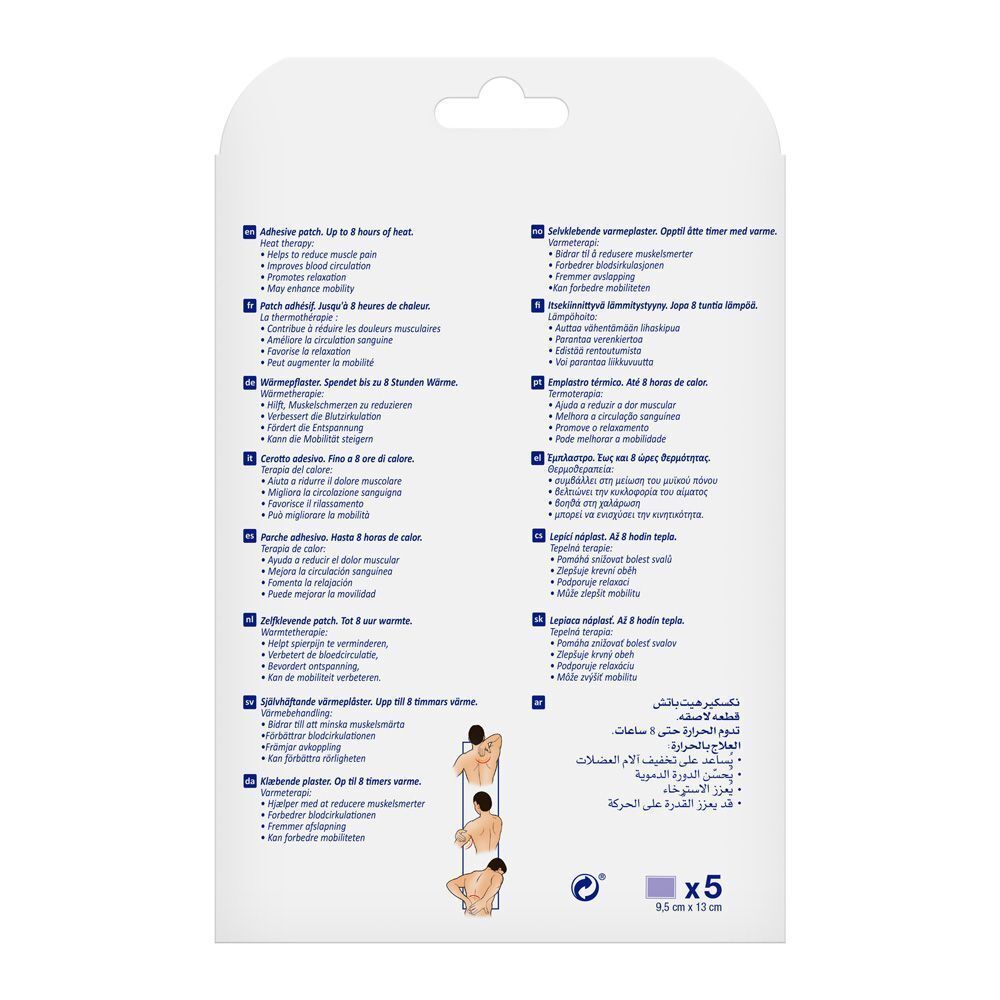 Emballage Nexcare Heat Patch. Contient 5 patchs. Vue de face de l'emballage.