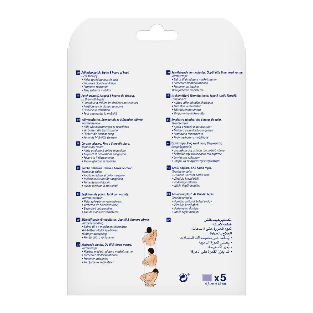 Emballage Nexcare Heat Patch. Contient 5 patchs. Vue de face de l'emballage.