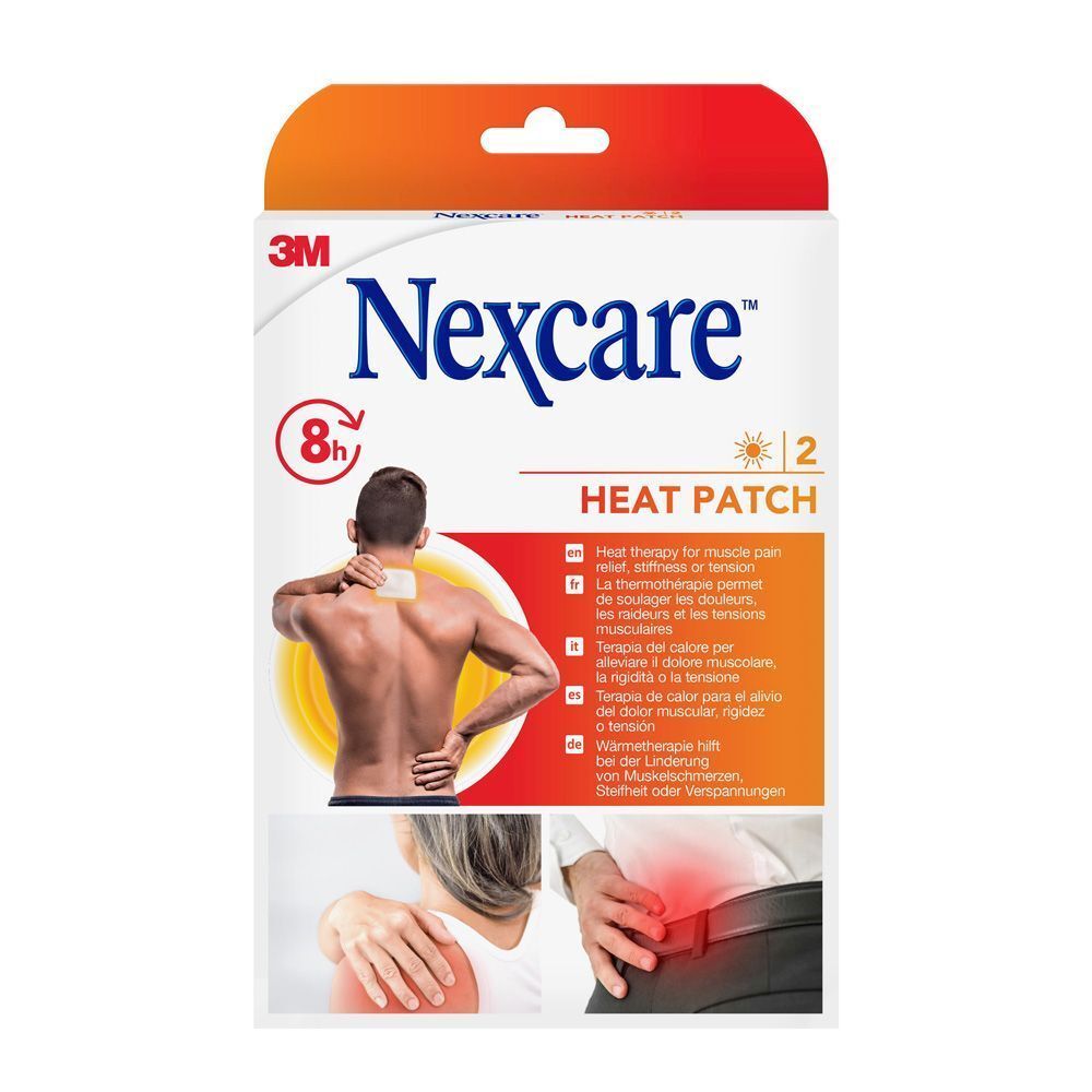 Verpakking met 2 3M Nexcare Heat Patches. Opschrift: Heat Patch, 8h.