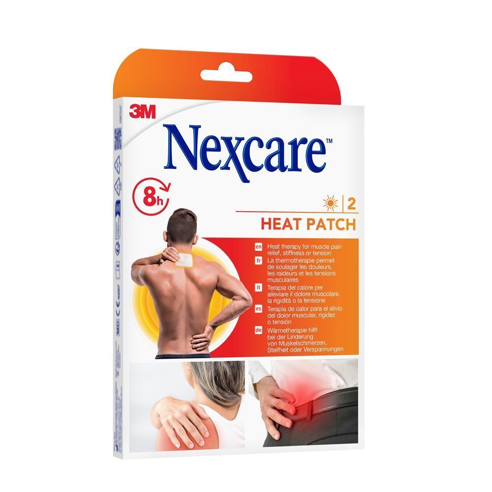 Achterkant van de verpakking met 3M Nexcare Heat Patches. Meertalige tekst.
