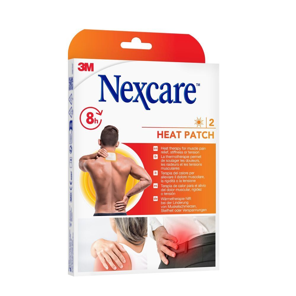 Achterkant van de verpakking met 3M Nexcare Heat Patches. Meertalige tekst.
