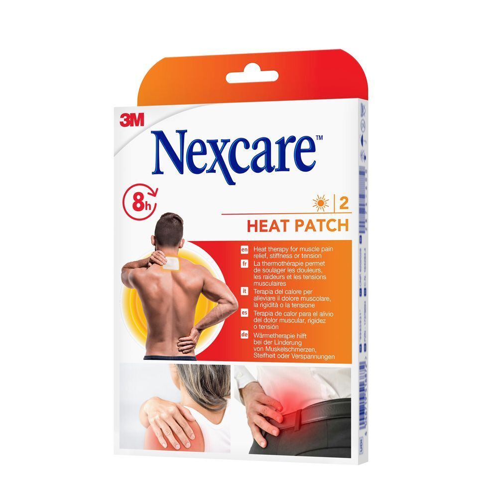 Verpakking met 2 3M Nexcare Heat Patches. Opschrift: Heat Patch, 8h.
