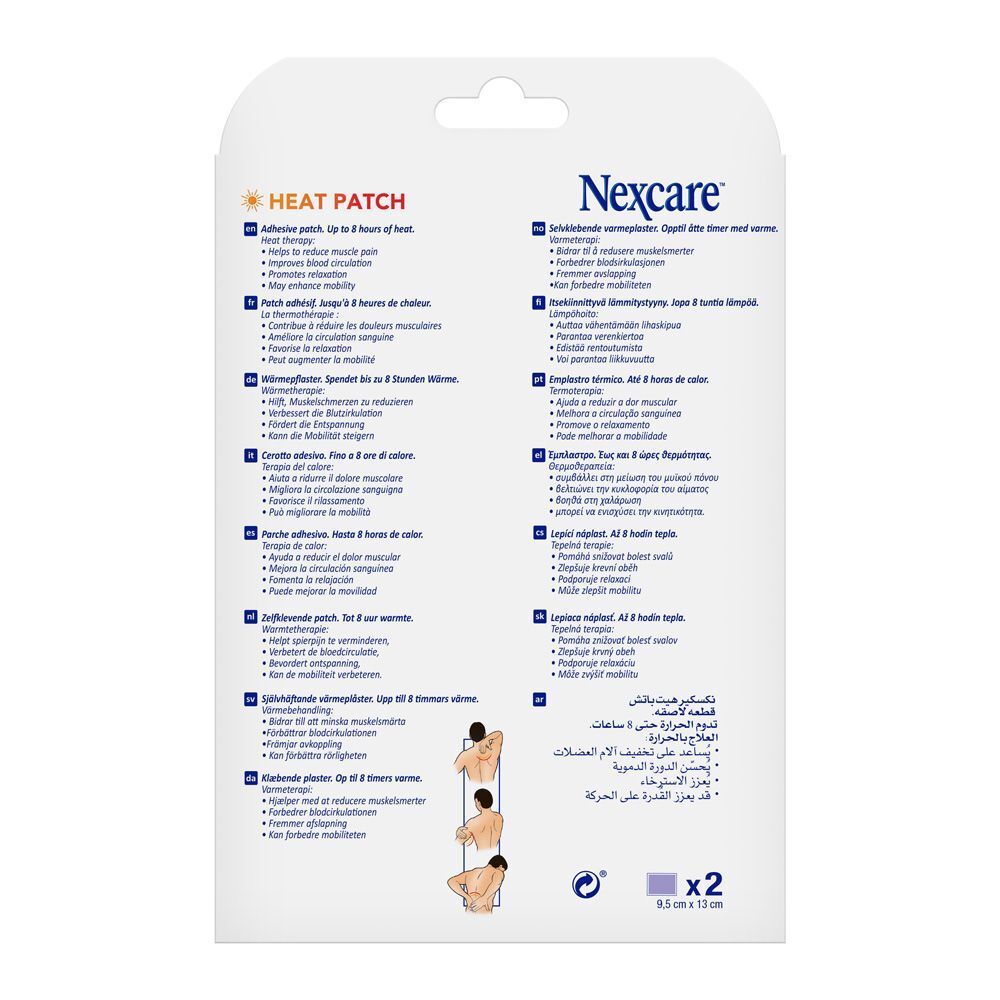 Verpakking met 2 3M Nexcare Heat Patches. Opschrift: Heat Patch, 8h.