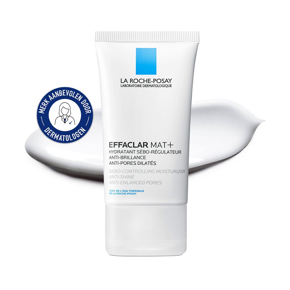 Witte tube met blauw vierkant. Opschrift: Effaclar Mat+. Dermatologen zegel.