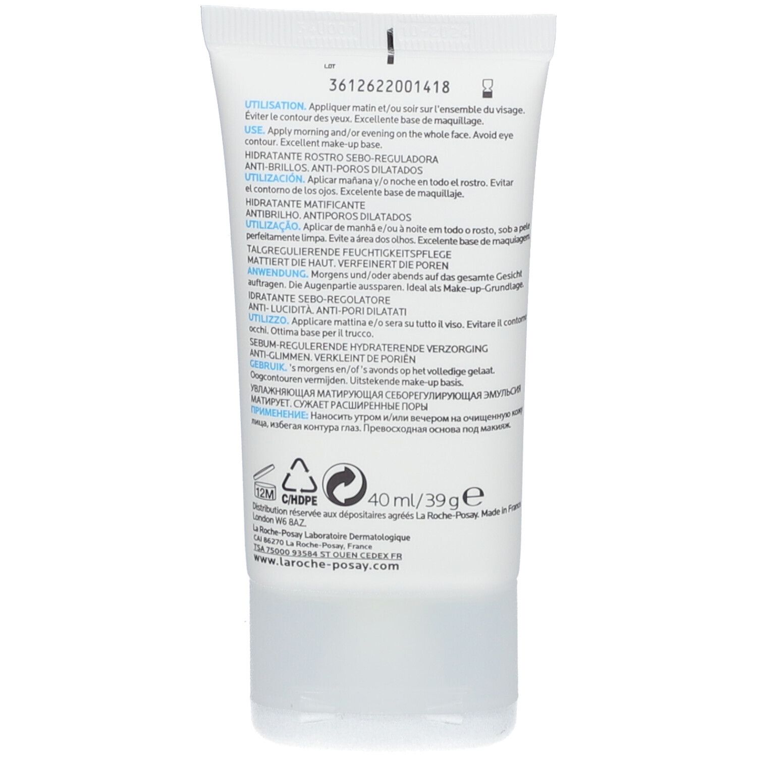 Achterkant van de tube. Meertalige tekst. Ingrediënten. 40 ml.