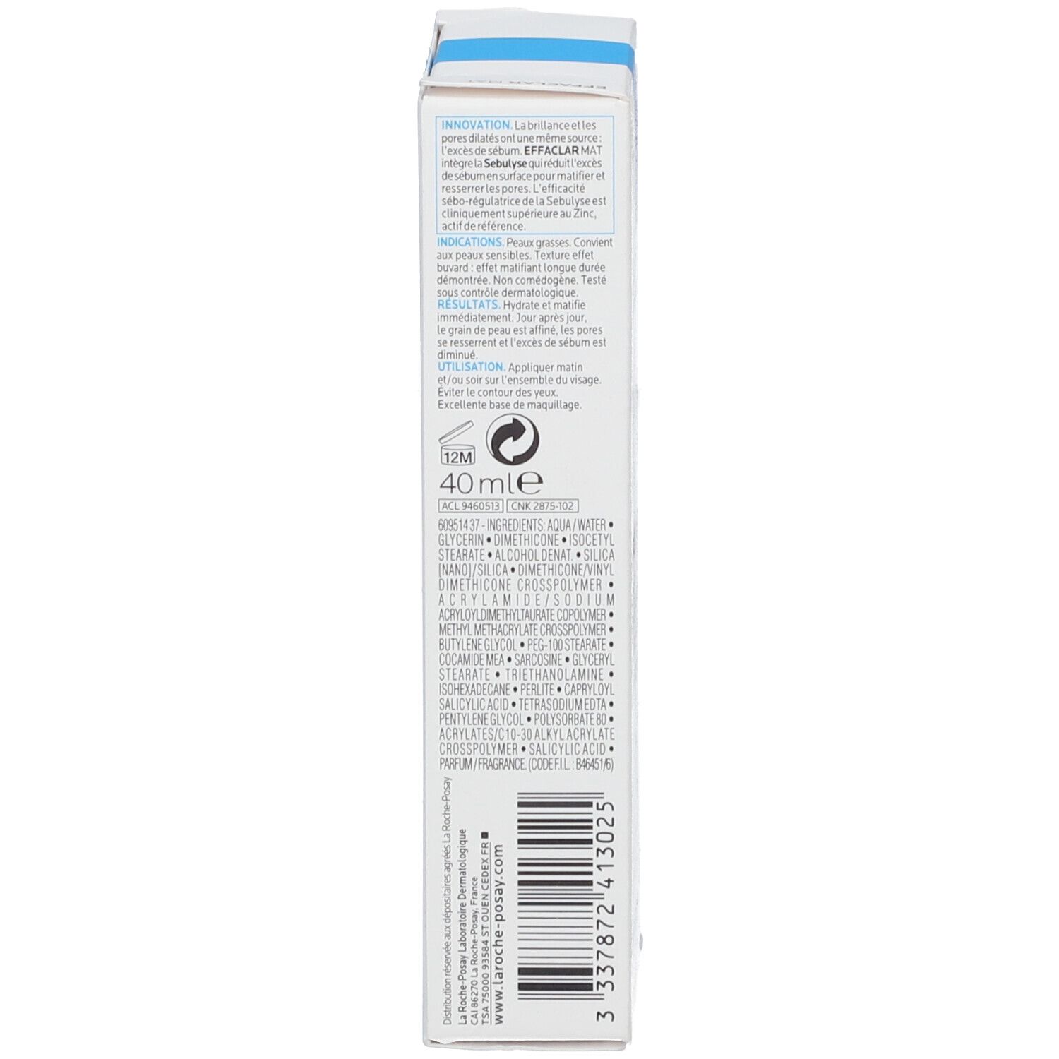 Achterkant van de doos. Meertalige tekst. Ingrediënten. 40 ml.