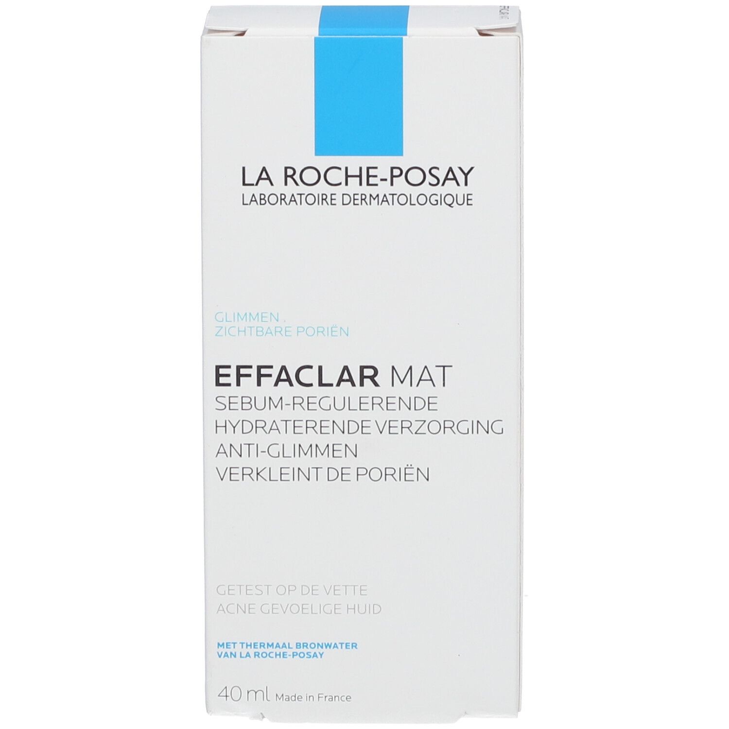 Achterkant van de doos. Meertalige tekst. 40 ml. La Roche-Posay.