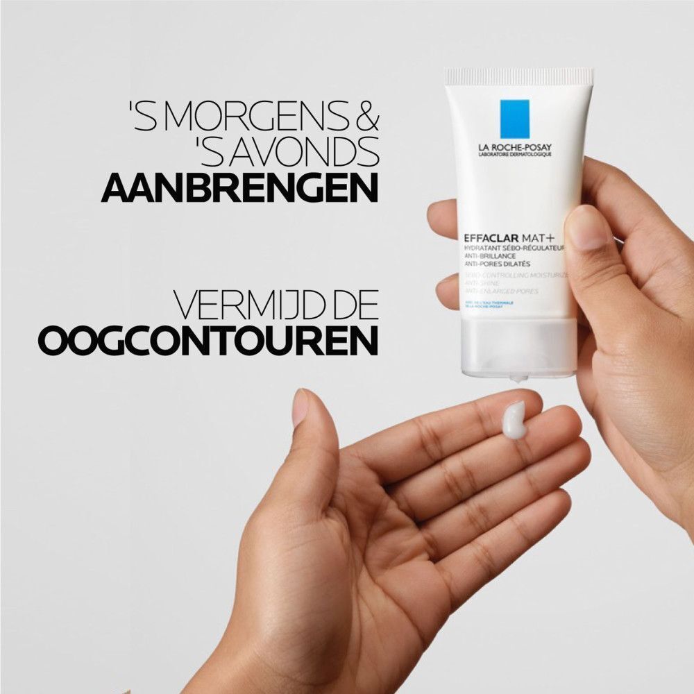 Handen houden tube. Opschrift: Effaclar Mat+. Aanbrengen 's ochtends en 's avonds. Vermijd de oogcontouren.