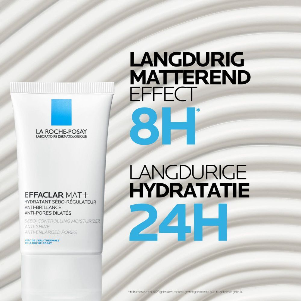 Tube en tekst. Opschrift: Effaclar Mat+. 8H matterend. 24H hydratatie.