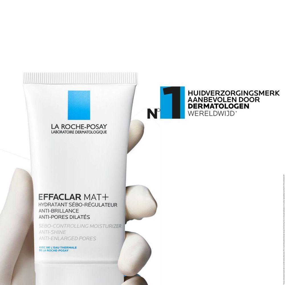 Witte tube met blauw vierkant. Opschrift: Effaclar Mat+. Dermatologen zegel. Nr. 1.