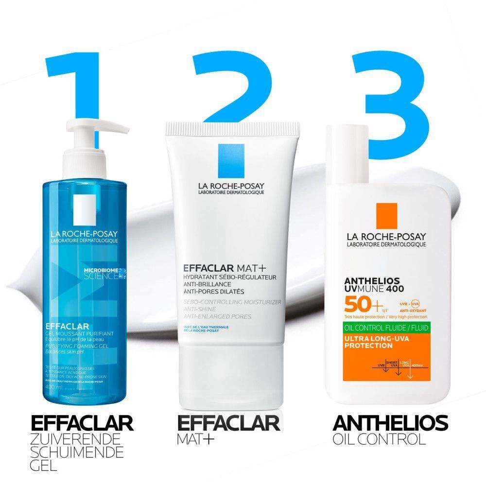 Drie producten. Effaclar Gel, Effaclar Mat+, Anthelios Oil Control. La Roche-Posay.