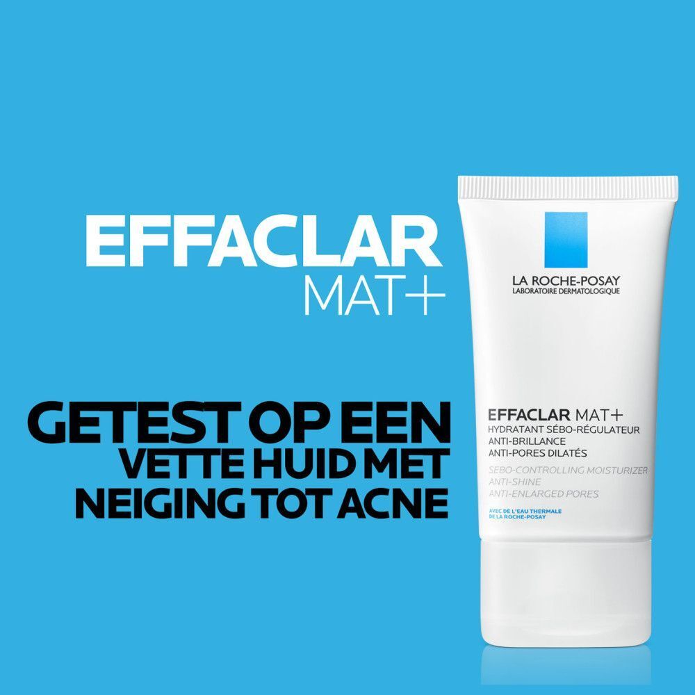 Blauwe achtergrond. Opschrift: Effaclar Mat+. Getest op vette huid met acne.