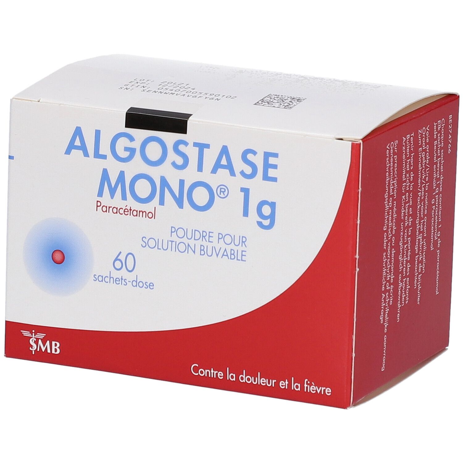 Doos Algostase Mono 1g. Bevat 60 sachets-dose. Rode en witte achtergrond. Tekst: Tegen pijn en koorts.