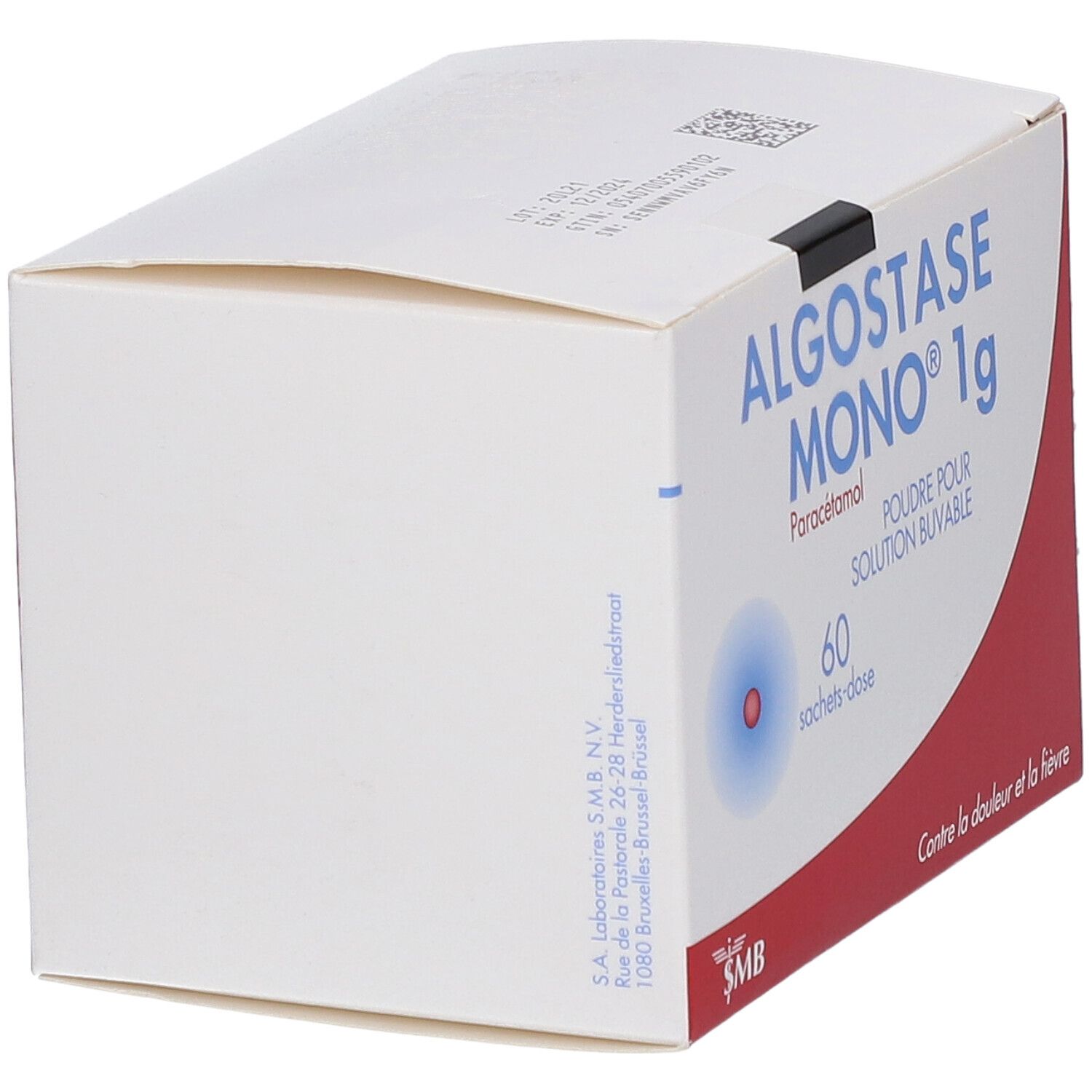 Doos Algostase Mono 1g. Bevat 60 sachets-dose. Witte achtergrond met rode accenten. Tekst: Tegen pijn en koorts.