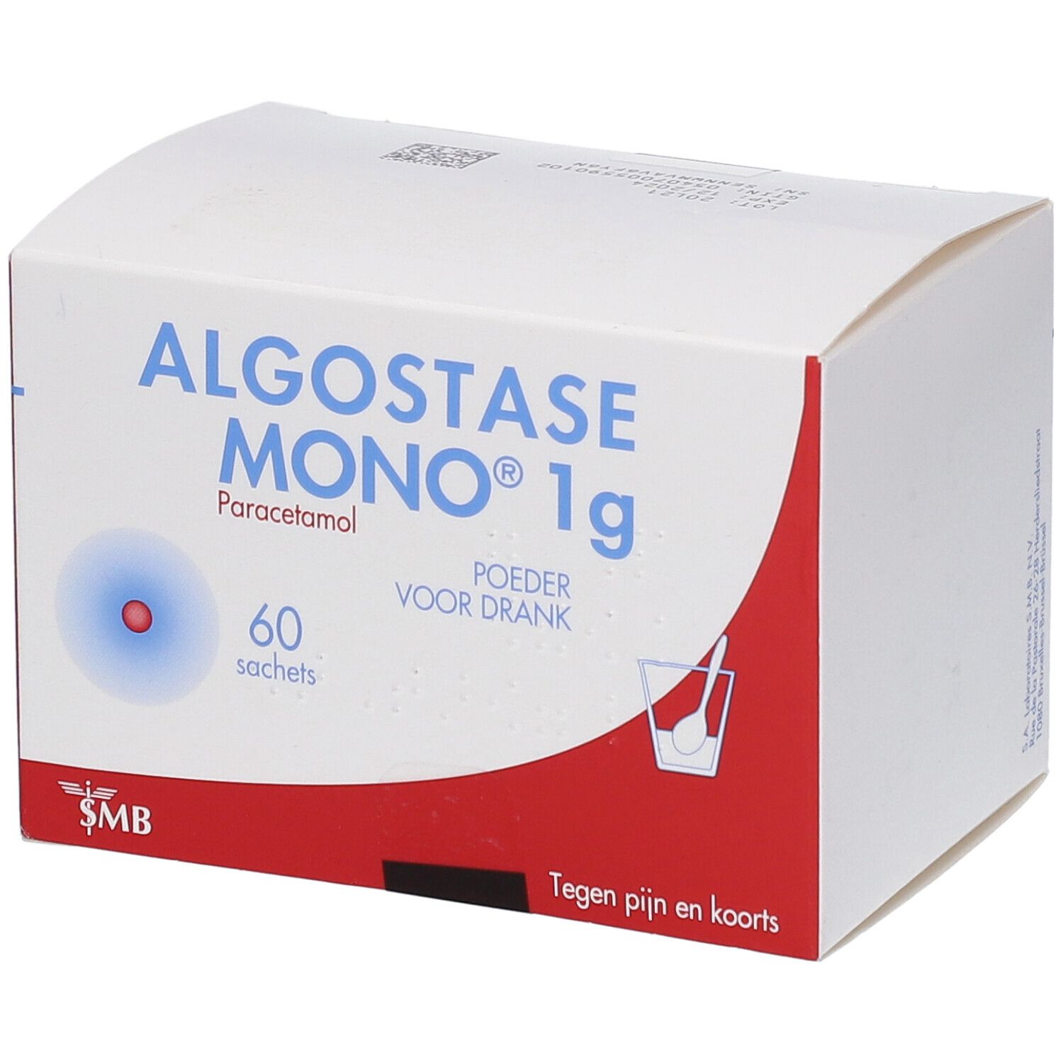 Doos Algostase Mono 1g. Bevat 60 sachets. Witte achtergrond met rode accenten. Tekst: Tegen pijn en koorts.