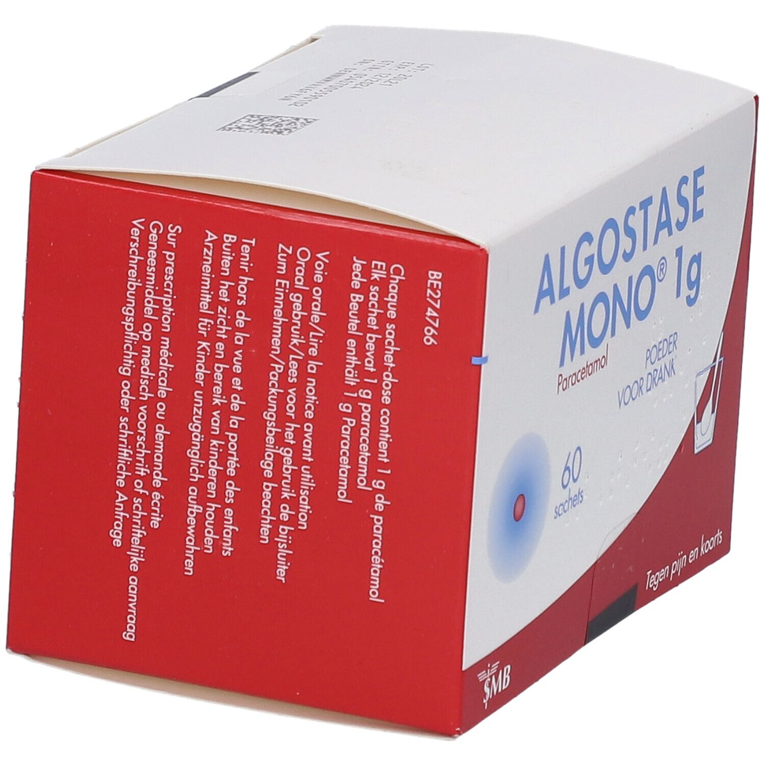 Doos Algostase Mono 1g. Bevat 60 sachets. Witte achtergrond met rode accenten. Tekst: Tegen pijn en koorts.