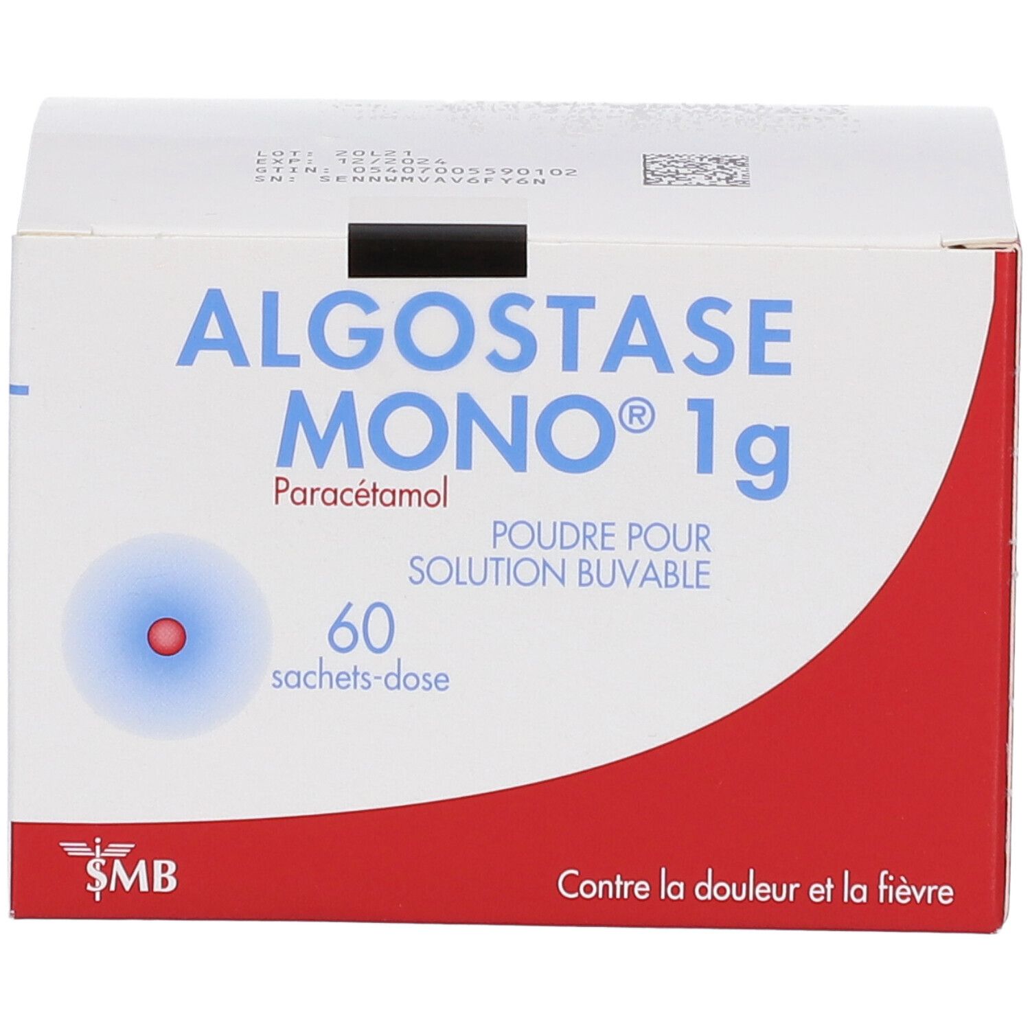 Doos Algostase Mono 1g. Bevat 60 sachets-dose. Witte achtergrond met rode accenten. Tekst: Tegen pijn en koorts.