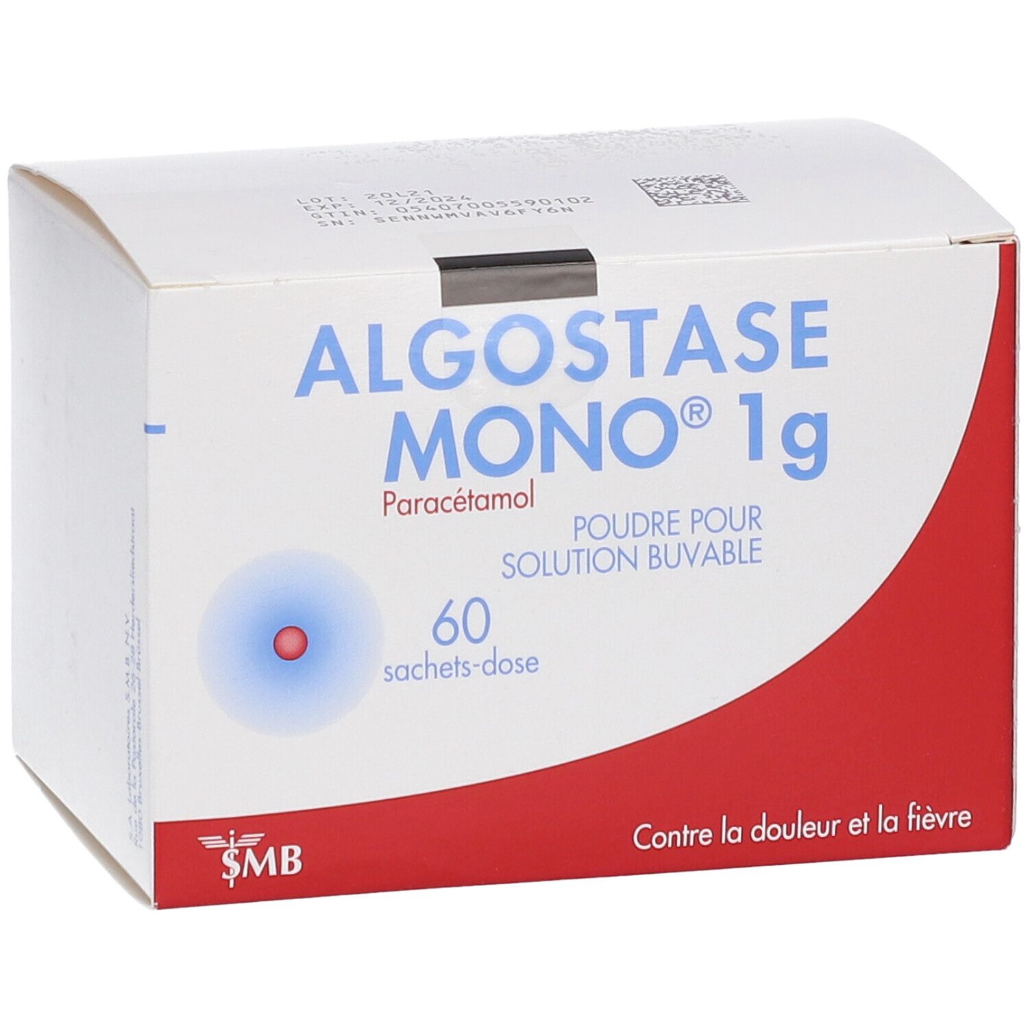 Doos Algostase Mono 1g. Bevat 60 sachets-dose. Witte achtergrond met rode accenten. Tekst: Tegen pijn en koorts.
