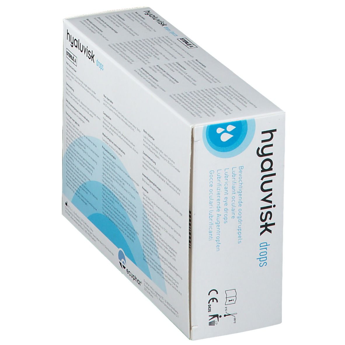 Boîte de produit blanche inclinée. Contient des informations sur le produit et le marquage CE.