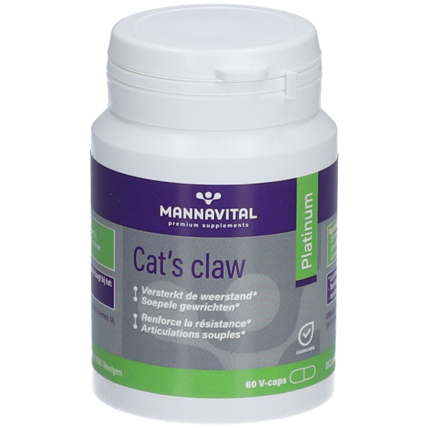 Flacon blanc Mannavital Cat's claw Platinum avec couvercle. Inscription: 60 V-capsules. Étiquette verte et blanche.
