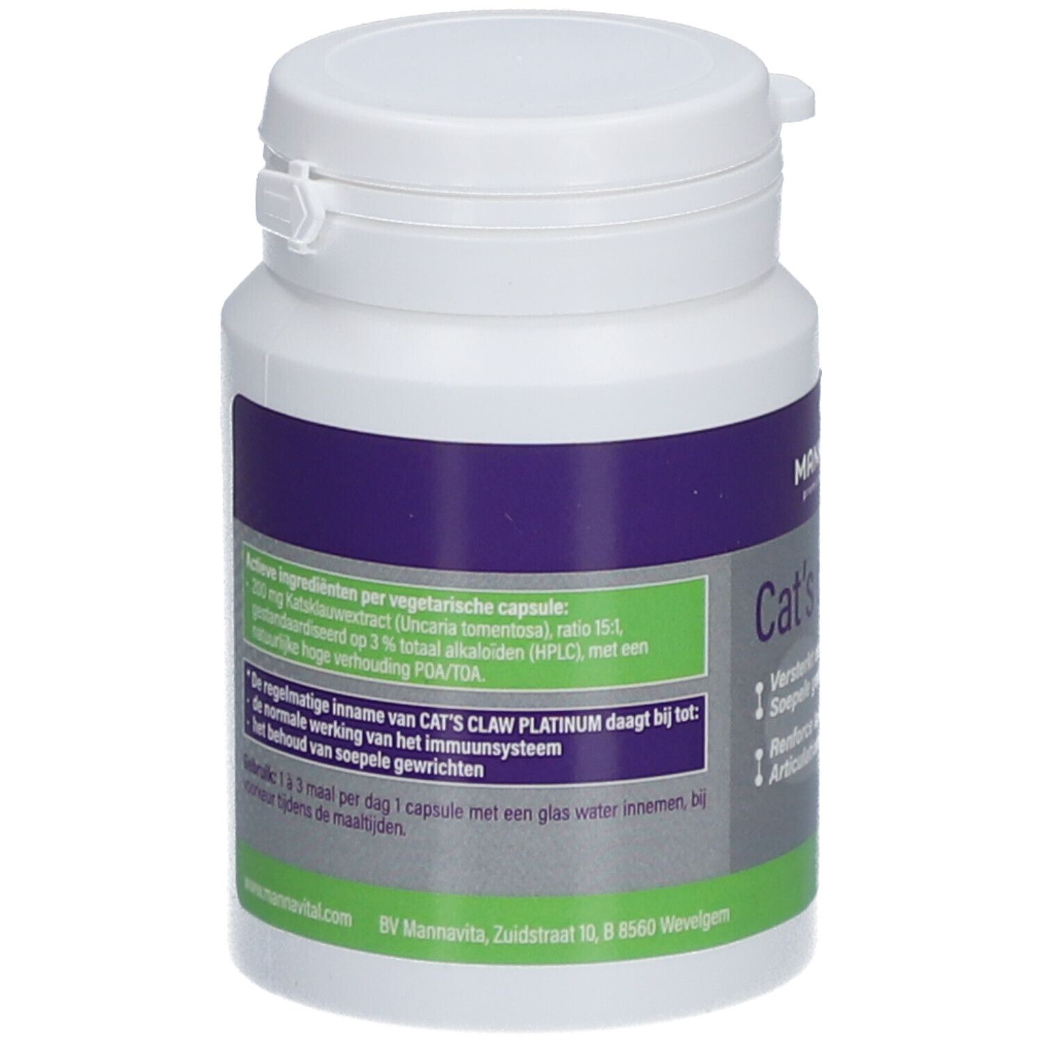 Flacon blanc Mannavital Cat's claw Platinum. Dos avec informations sur le contenu. Inscription: 60 V-capsules.