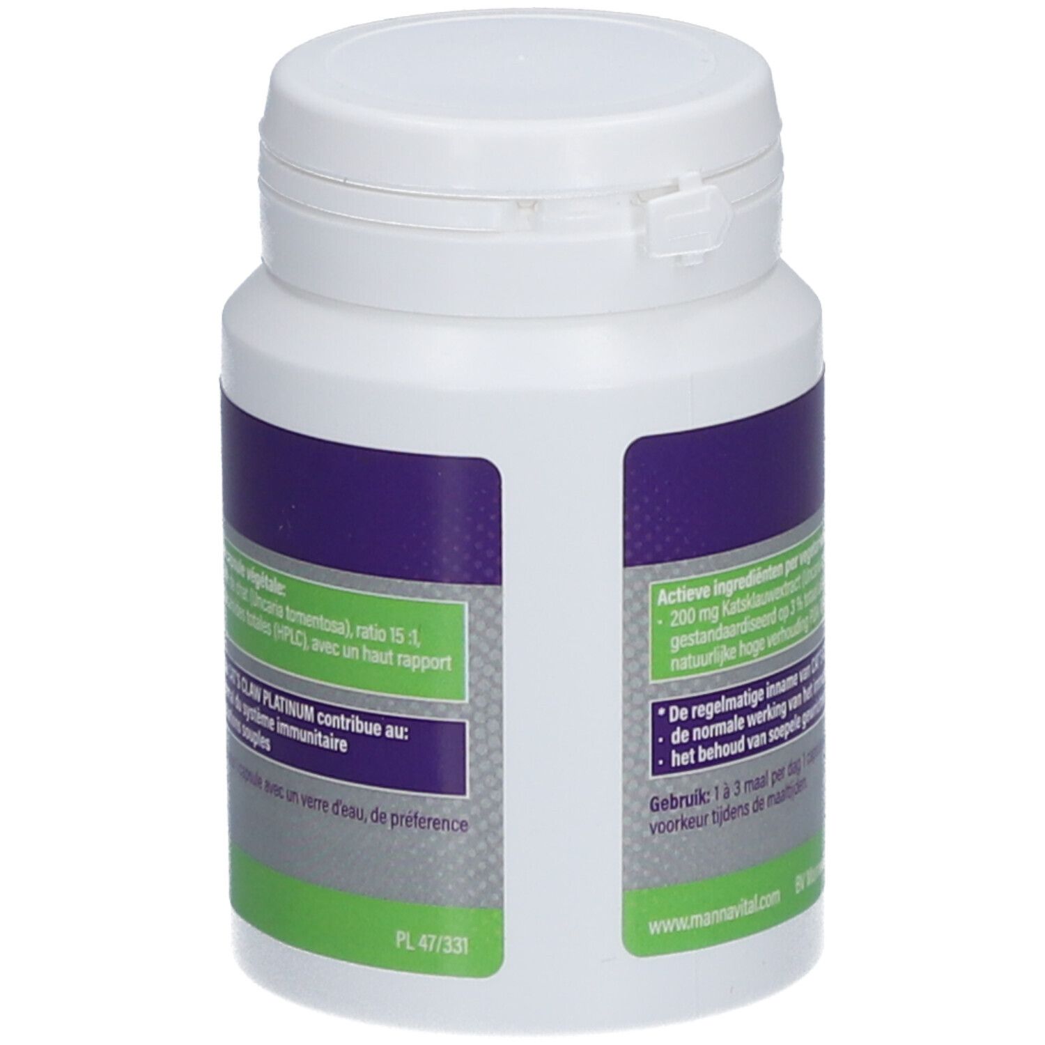 Flacon blanc Mannavital Cat's claw Platinum. Dos avec informations sur le contenu. Inscription: 60 V-capsules.