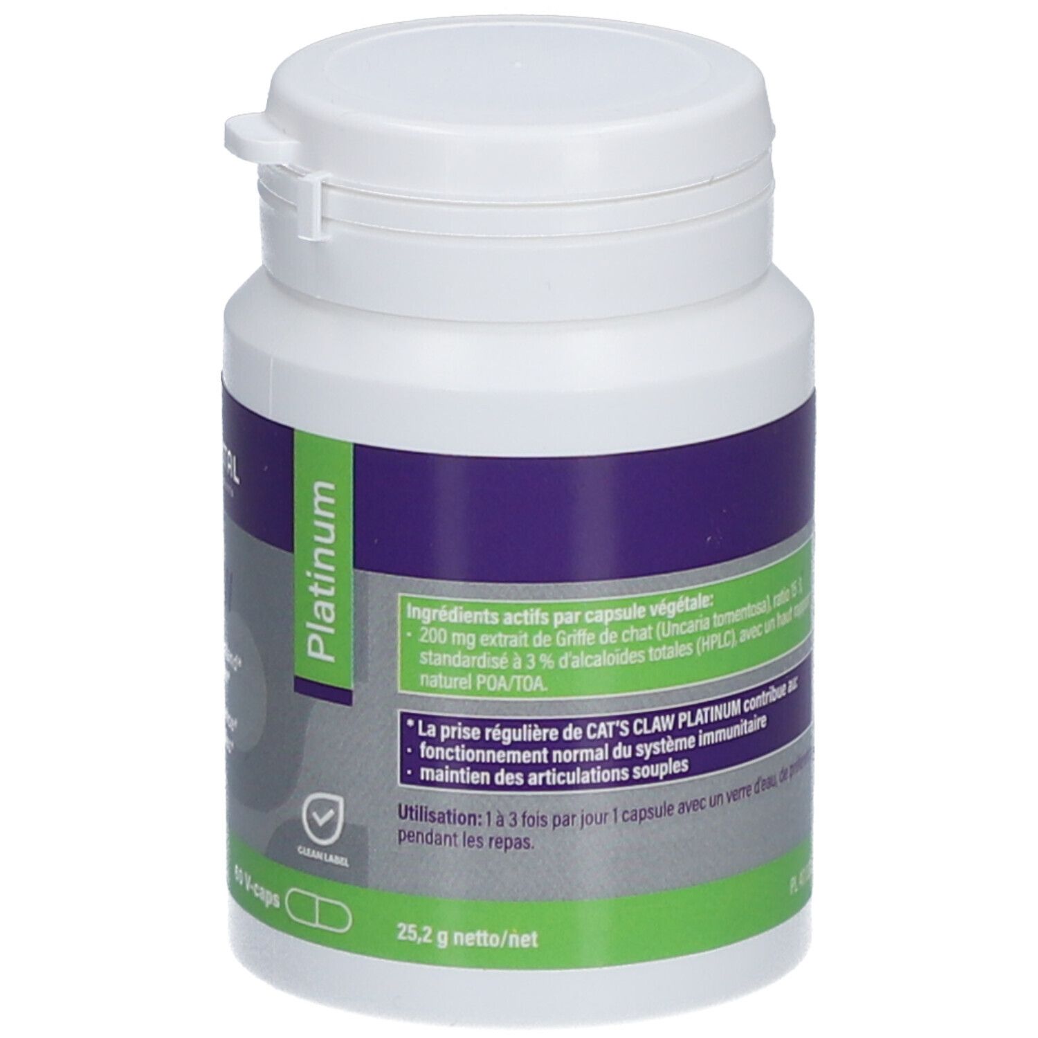 Flacon blanc Mannavital Cat's claw Platinum. Dos avec informations sur le contenu. Inscription: 60 V-capsules.