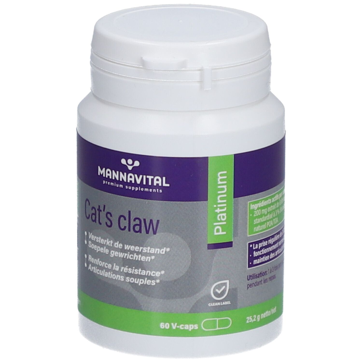 Flacon blanc Mannavital Cat's claw Platinum. Inscription: 60 V-capsules. Étiquette verte et blanche.