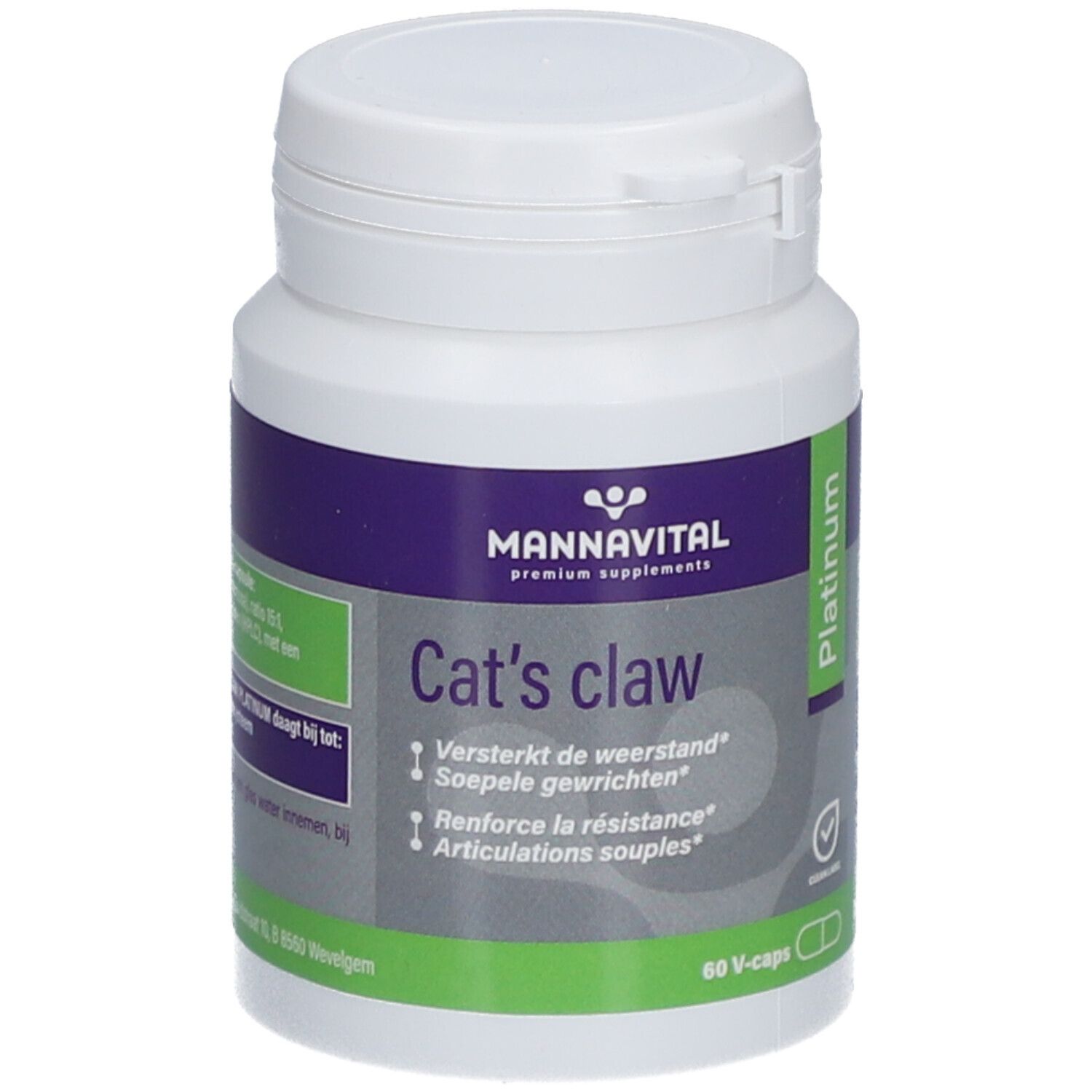 Flacon blanc Mannavital Cat's claw Platinum. Inscription: 60 V-capsules. Étiquette verte et blanche.