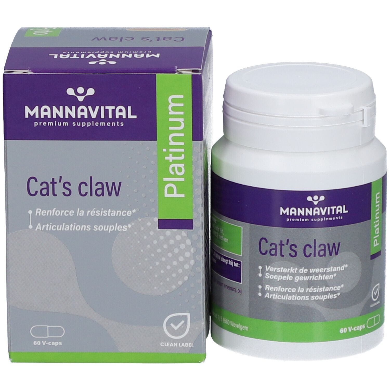 Flacon et boîte Mannavital Cat's claw Platinum. Inscription: 60 V-capsules. Étiquette verte et blanche.