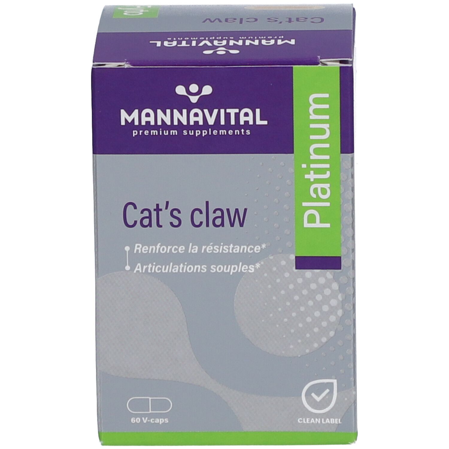 Boîte Mannavital Cat's claw Platinum. Inscription: 60 V-capsules. Étiquette verte et blanche.
