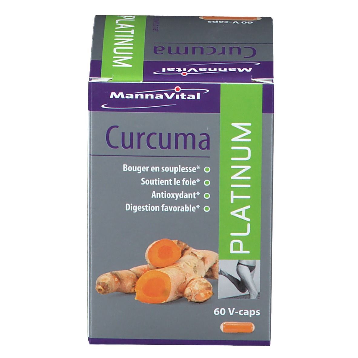 Kartonverpackung mit Produktnamen und Inhaltsangaben. Enthält 60 V-Kapseln. Abbildung von Ingwer.