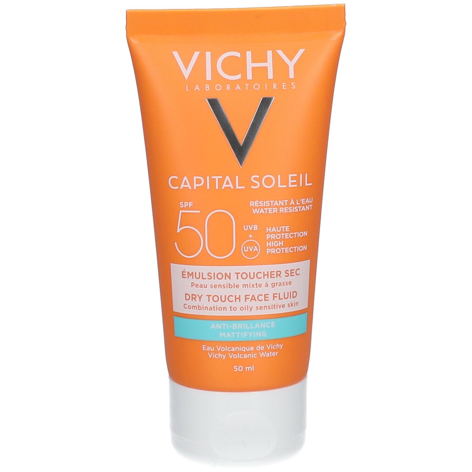 Tube orange avec bouchon blanc. Logo Vichy et informations produit. SPF 50.