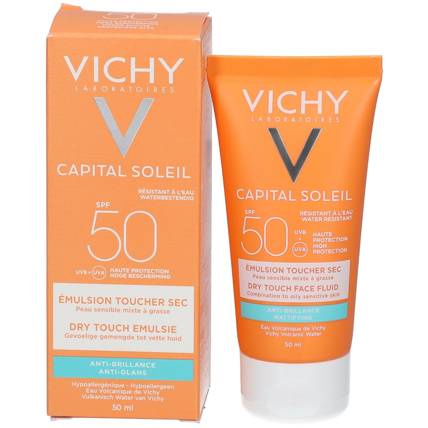 Produit et emballage. Tube et boîte orange. Logo Vichy et SPF 50.