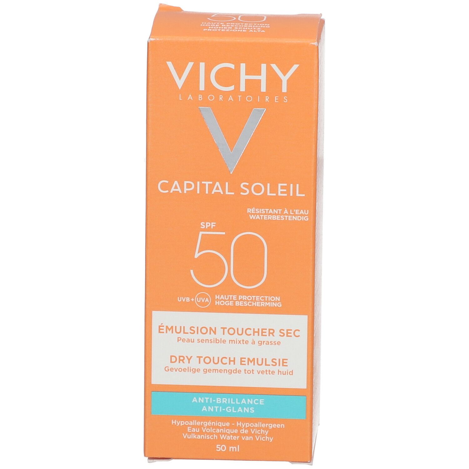 Emballage orange. Logo Vichy, nom du produit et SPF 50. Pour peaux sensibles.