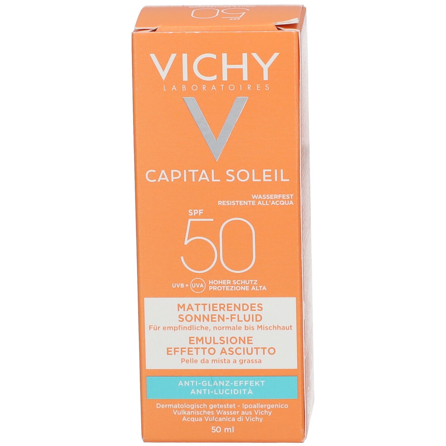 Emballage. Logo Vichy, nom du produit et SPF 50. Pour peaux sensibles.