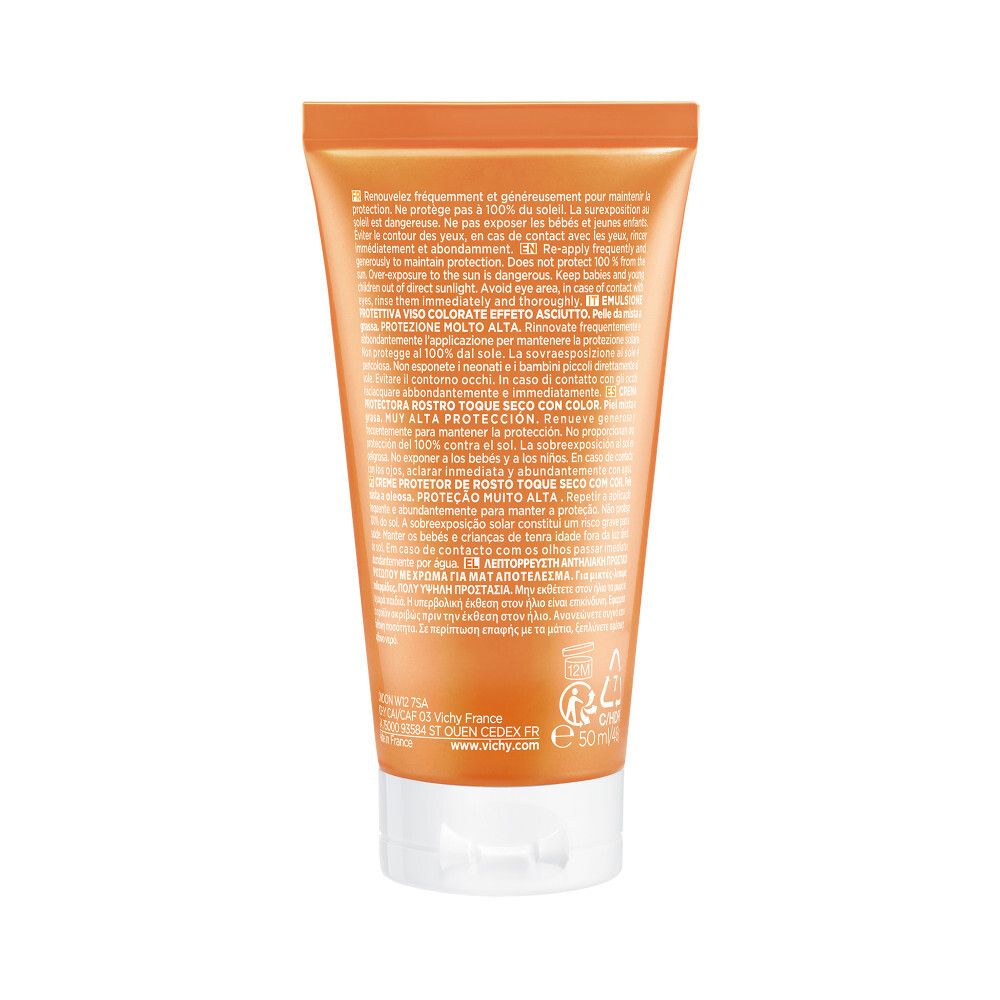 Emballage orange. Logo Vichy, nom du produit et SPF 50. Pour peaux sensibles.