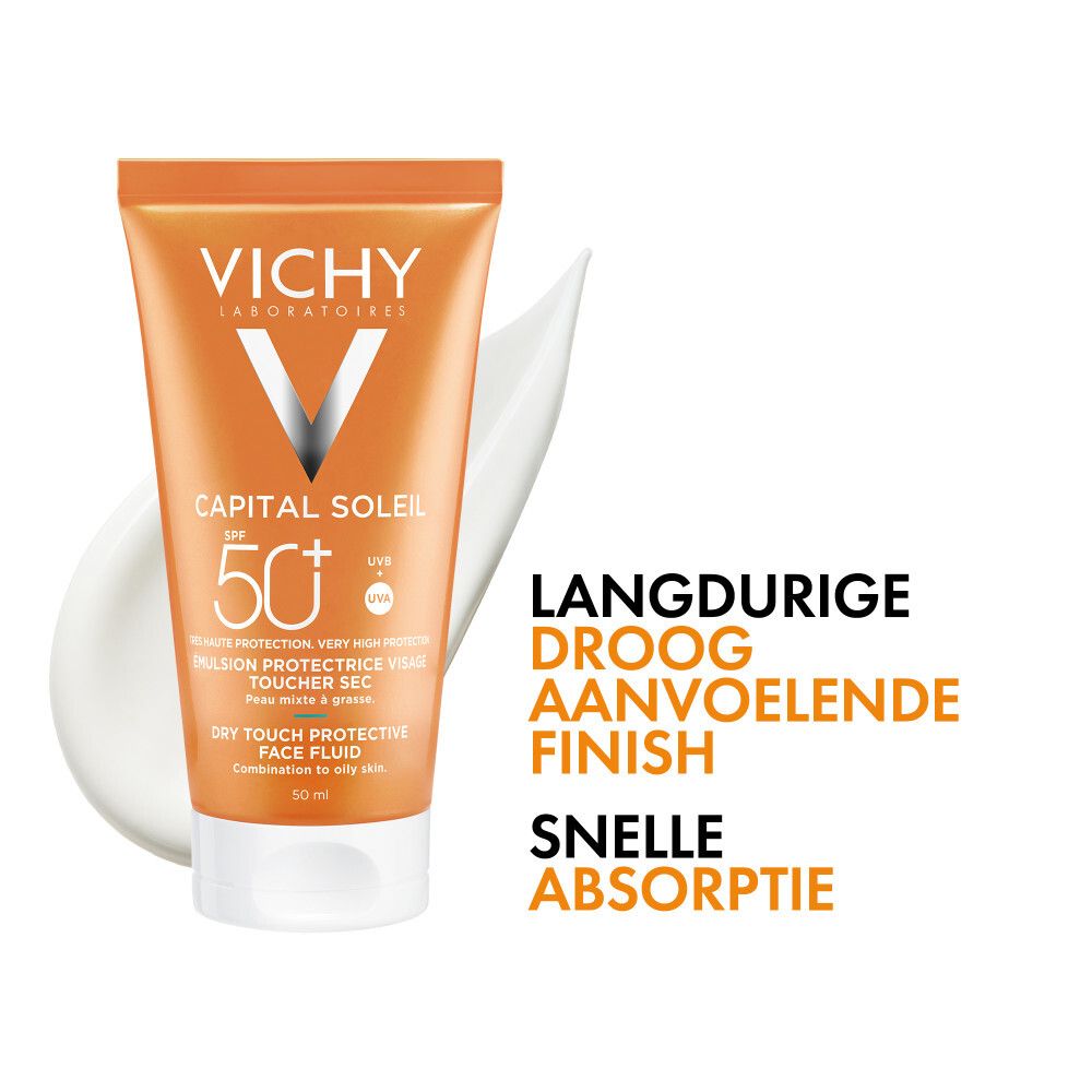 Oranje verpakking. Vichy logo, productnaam en SPF 50. Voor gevoelige huid.