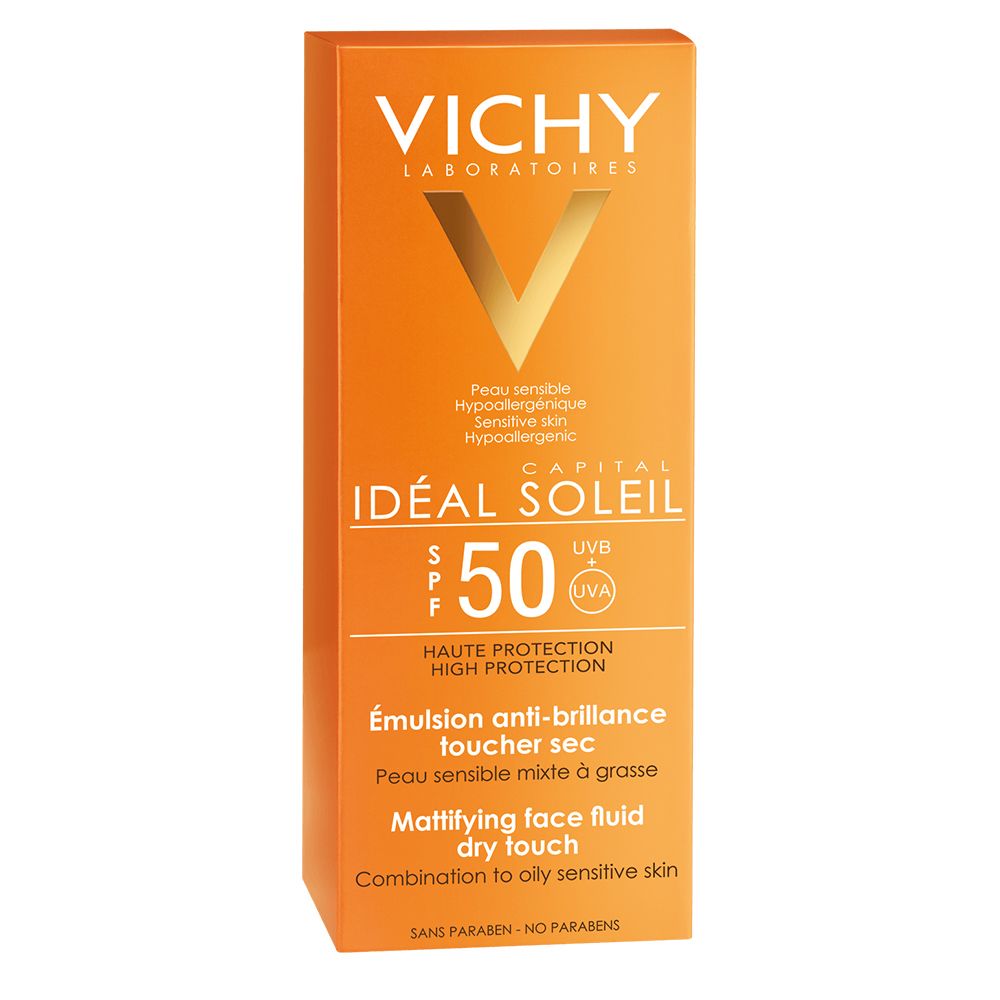 Emballage orange. Logo Vichy, nom du produit et SPF 50. Pour peaux sensibles.