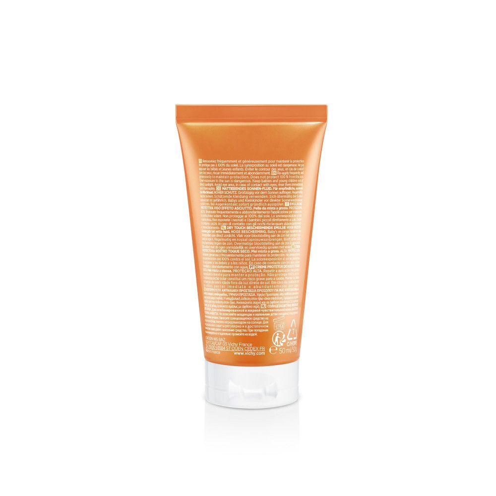 Tube orange avec bouchon blanc. Logo Vichy et informations produit. SPF 50.