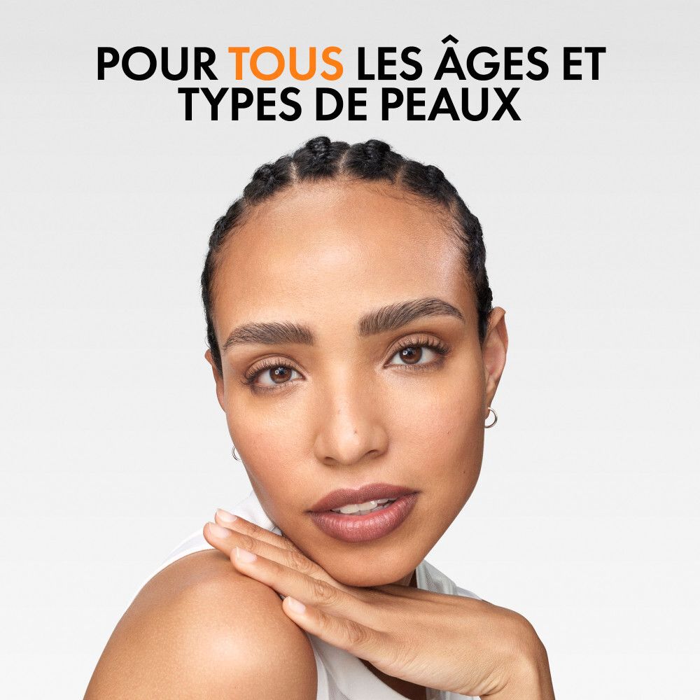 Produit et emballage. Tube et boîte orange. Logo Vichy et SPF 50.