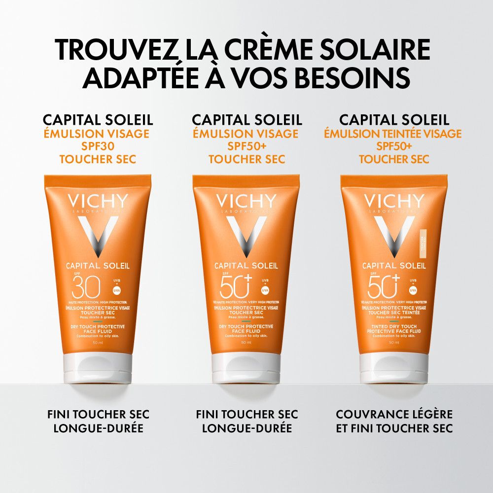 Emballage orange. Logo Vichy, nom du produit et SPF 50. Pour peaux sensibles.