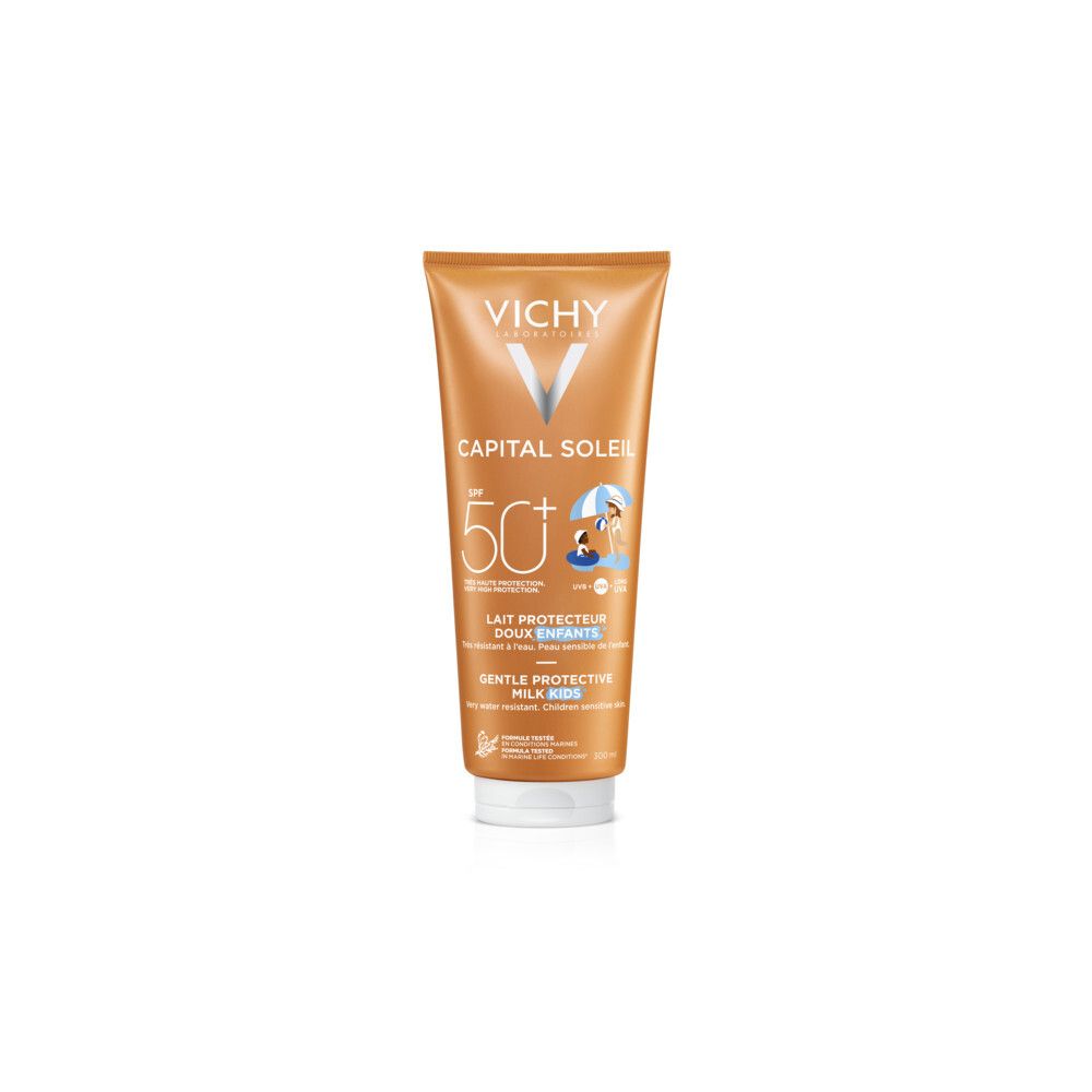 Tube met VICHY CAPITAL SOLEIL SPF 50+. Kinderillustratie. Tekst: LAIT PROTECTEUR DOUX ENFANTS. Waterbestendig.
