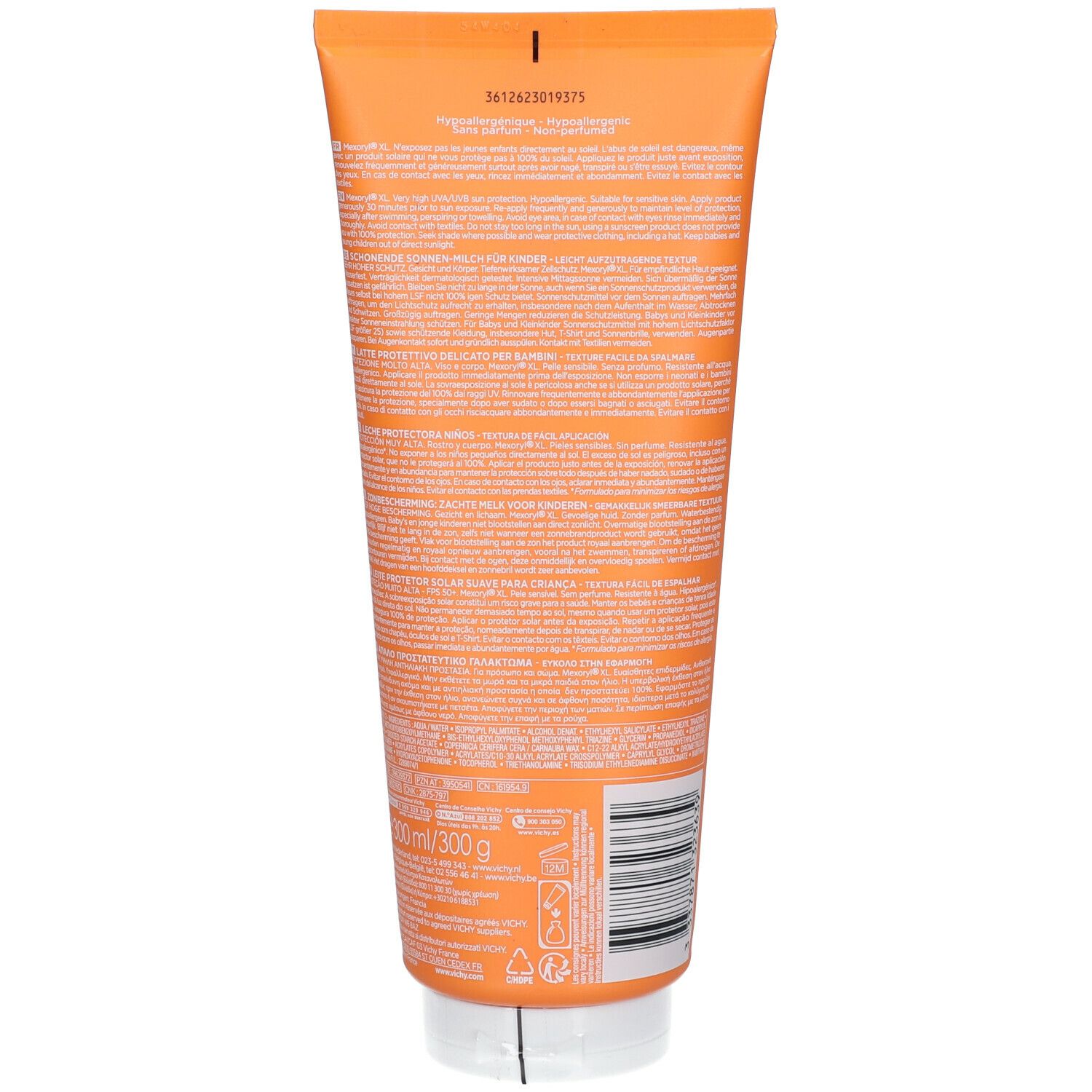 Rückseite einer orangefarbenen Tube. Text in mehreren Sprachen. Barcode und Produktinformationen.