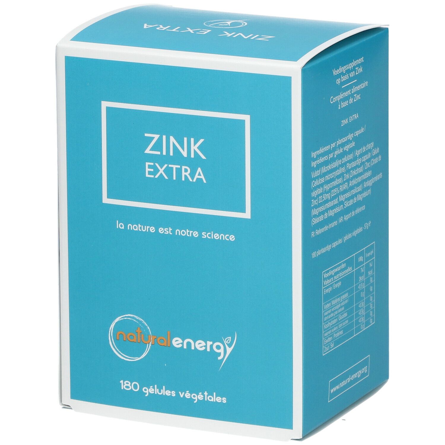 Turquoise en witte doos met tekst "ZINK EXTRA". Logo "natural energy". 180 gélules végétales.