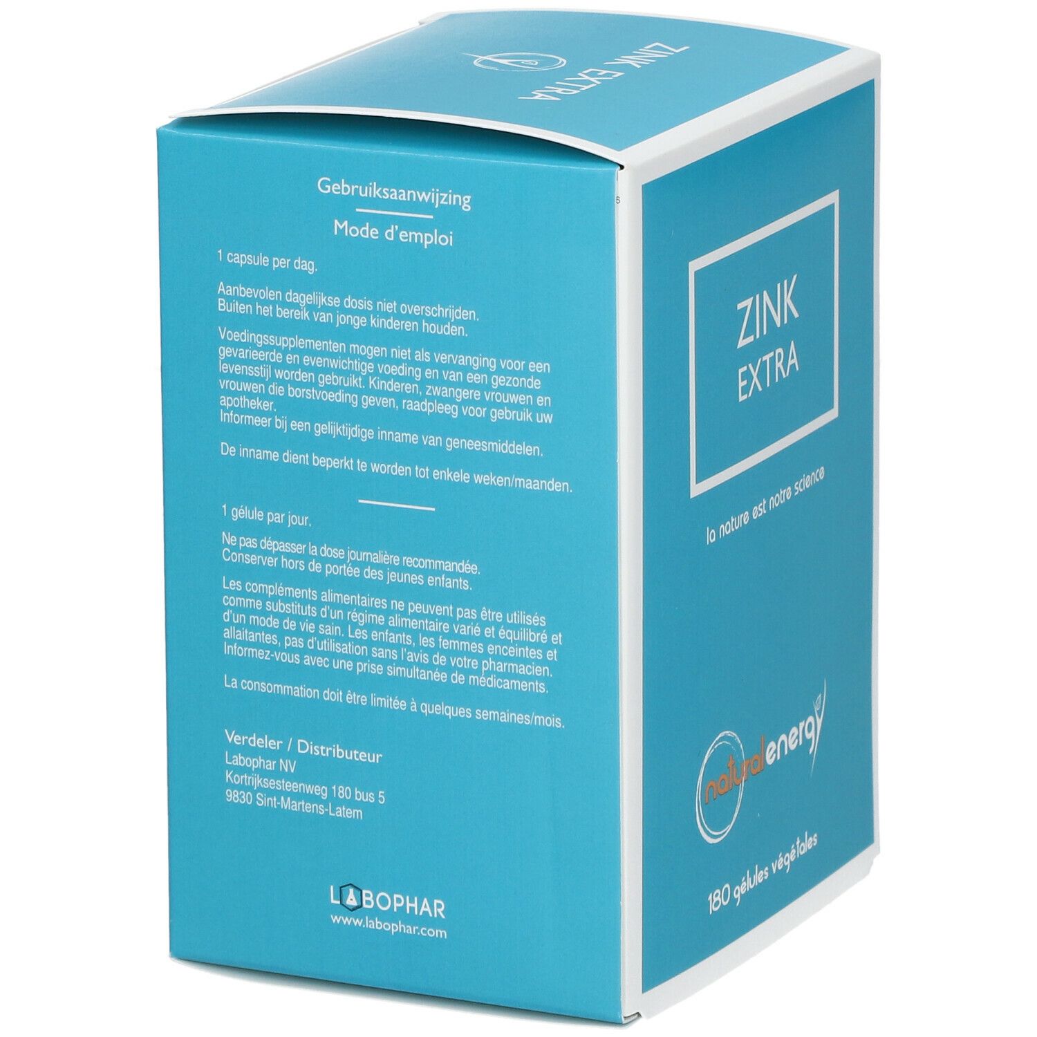 Achterkant van de turquoise doos met tekst. Tekst "ZINK EXTRA". Logo "natural energy". 180 gélules végétales.