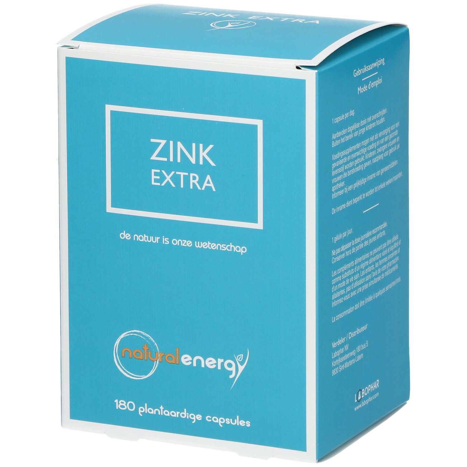 Turquoise en witte doos met tekst. Tekst "ZINK EXTRA". Logo "natural energy". 180 plantaardige capsules.