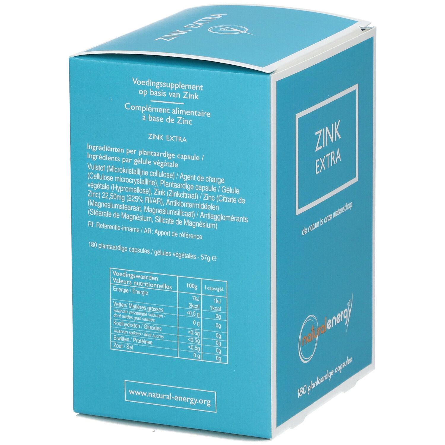 Achterkant van de turquoise doos met tekst. Tekst "ZINK EXTRA". Logo "natural energy". 180 plantaardige capsules.